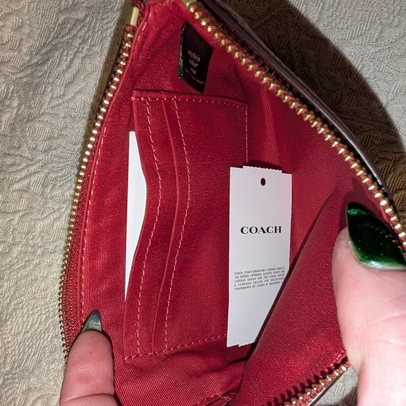 Coach Corner Zip Pebbled Leather Wristlet in Red And Gold - Picture 4 of 12